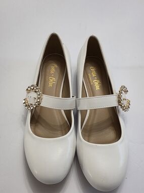 Chase + Chloe White Mary Jane Flats with Crystal Buckle